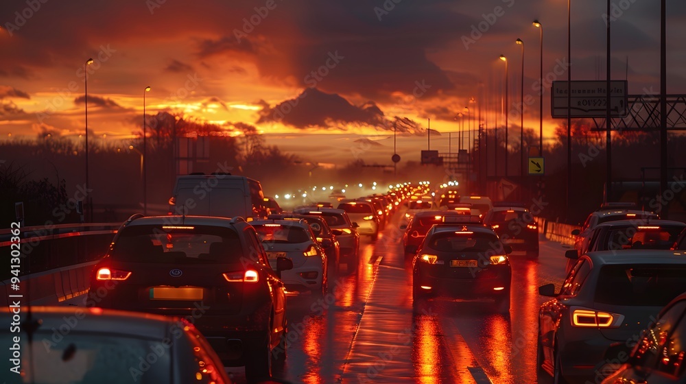 Wall mural sunset traffic jam: crowded urban roads and slow motion at dusk.