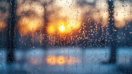 Frosted Window with Sunset View - Winter Scene with Ice Crystals on Glass and Warm Sunlight in the Background - Captivating Seasonal Image for Winter Themes and Nature Photography