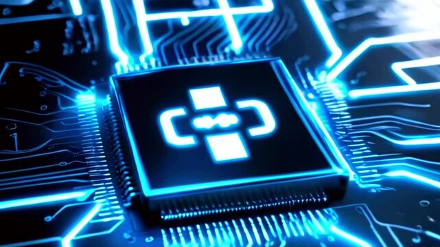 Stylized Microchip with Interlocking Links and Blue Circuit Lines