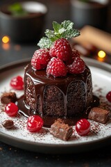 Christmas chocolate pudding decorated with berries