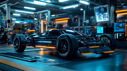 Fototapeta premium Futuristic A cutting-edge electric vehicle chassis displayed on an advanced, high-tech factory floor. The chassis features glowing components, and the factory is filled with holographic