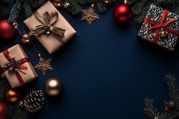 Christmas decoration background with pine branches, christmas balls and gifts