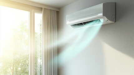 Air conditioner blowing cool air in bright room