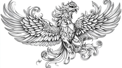 Obraz premium Detailed symmetrical tattoo design of wings, showcasing intricate feather work in black and white