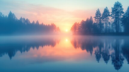 Fototapeta premium Serene Sunrise Over Misty Lake with Pine Trees and Reflective Water Creating a Tranquil and Peaceful Atmosphere in a Beautiful Natural Landscape