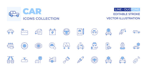 Car icons collection. Line Duotone style, editable stroke. trunk, car engine, steering wheel, rearview mirror, wiper, parking, car, wheel, connected car, car pedals, piston, spark plug