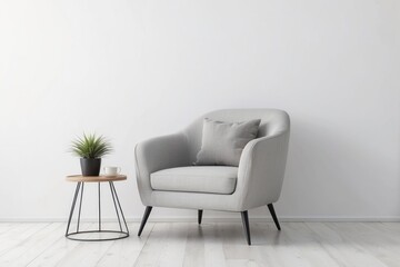 Grey Armchair with Pillow and Side Table in a Minimalist Room