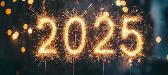 New Year's Eve fireworks, sparklers and golden bokeh lights on dark night sky background illustration of Happy New Year 2025.