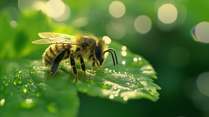 Naklejka premium A bee rests on a green leaf, its wings glistening in soft sunlight and dew, capturing nature's beauty.