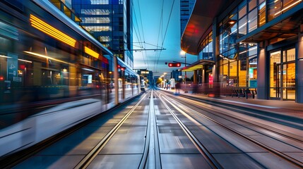 Fototapeta premium A photograph of an electric train moving rapidly through the city, with buildings on both sides