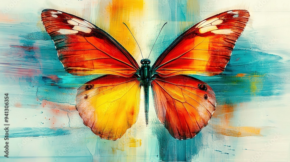 Wall mural   A painting of a red-yellow butterfly on a white-blue background with multicolor paint strokes