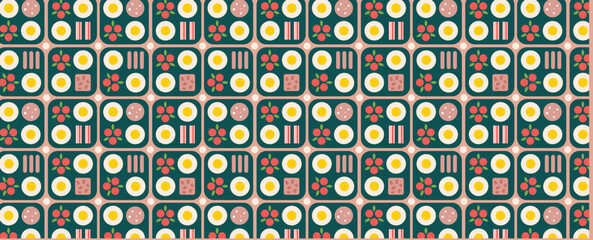 Kitchen Pattern with fried eggs, cherry tomatoes, arugula and sausage. Vector seamless background with breakfast theme. For textile, fabric, wallpaper, packaging.