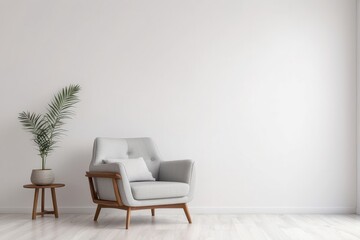 A Modern Grey Armchair with Wooden Legs and a Side Table in a White Room