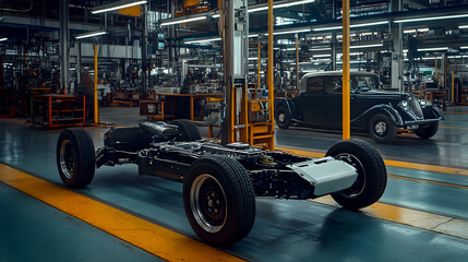 Fototapeta premium Historical Comparison The electric vehicle chassis is placed on a factory floor alongside the chassis of a classic gasoline vehicle, highlighting the evolution of automotive technology