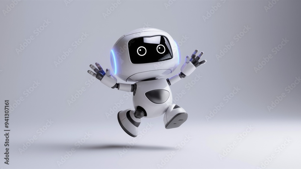 Poster 3d rendering of a playful small artificial intelligence robot character in a jumping pose, isolated 