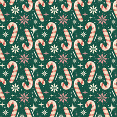 Seamless Christmas candy cane illustration pattern, vector green background