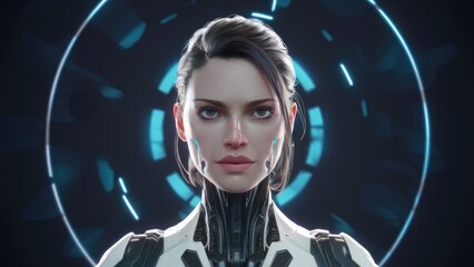 3D rendering of a futuristic female cyborg character. Not AI-generated content.