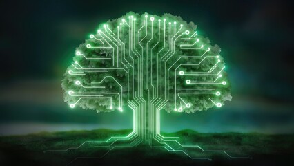  A tranquil 3D animation of a circuit tree illuminated by a gentle green glow showcases the harmonious blend of nature and technology.