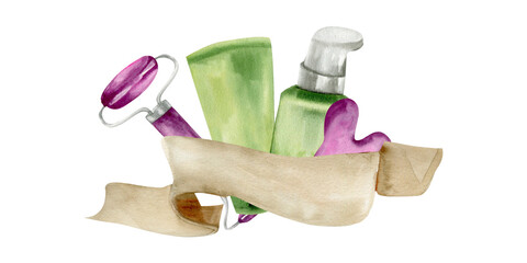 Female face skin care products composition with banner for text. Gua sha jade stone, hand cream tube, serum bottle composition isolated for wellness, spa center decor. Packing, beauty blog