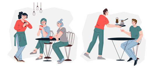 Scene in cafe or coffee shop. People sitting in cafe, chatting and waiters taking order, flat graphic vector illustration on white background.