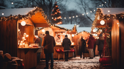 Fototapeta premium Winter Night Christmas Market With Cozy Wooden Stalls
