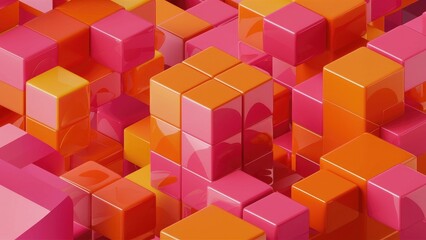 Obraz premium Abstract 3D Rendering of Geometric Pop Cubes in Vibrant Orange and Pink Tones - High-Quality Illustration