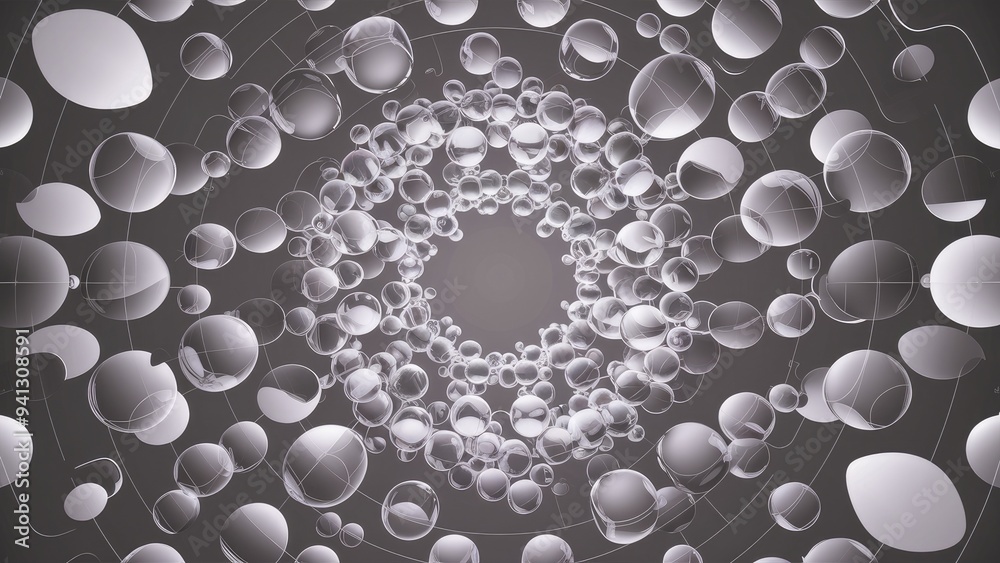 Poster abstract 3d background with bubble patterns and transparent circular shapes in gray and white gradie