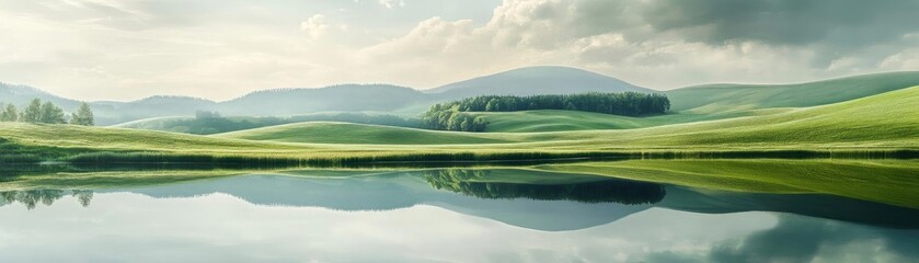 Scenic landscape showcasing lush hills, serene lake reflection, and a peaceful atmosphere under a cloudy sky.