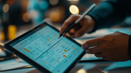 Event manager using a digital tablet with a monthly calendar to organize and schedule events, tasks, and meetings for efficient planning in a professional setting