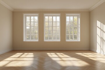 Fototapeta premium View from the corner of a room with panoramic windows showing a bright, empty interior