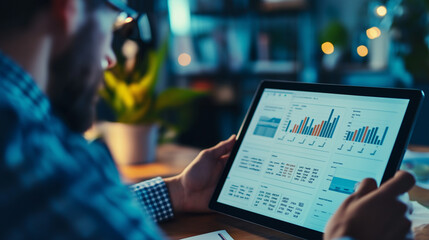 Professional event manager utilizing a digital tablet with a monthly calendar to efficiently organize and plan events, tasks, and meetings