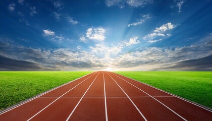 Fototapeta premium Running track race with green grass and beautiful sky background