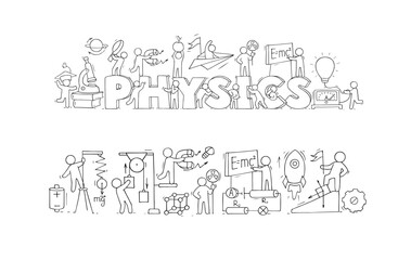Science background with word Physics, lab and scientists. Concept of school education, experiments, research with doodle people with magnet, laboratory equipment, vector hand drawn illustration