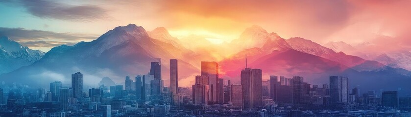 Stunning cityscape at sunset, showcasing mountains and urban skyline, blending nature and architecture in vibrant colors.