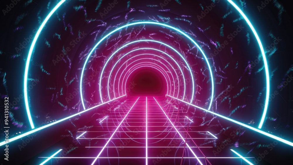 Poster abstract light particles for edm music events with neon tunnel background loop