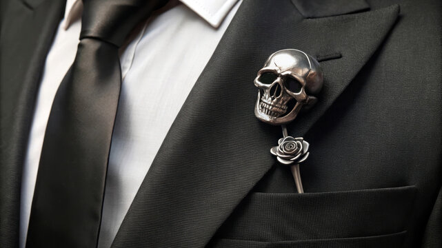 Silver Skull And Rose On Black Suit Jacket 