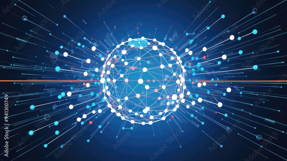 Poster abstract network connection visualization with dynamic dots, lines, and triangles on a blue backgrou