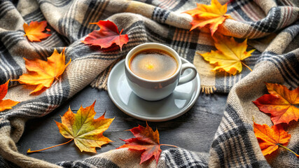 Cozy Autumn Coffee And Blanket With Colorful Leaves