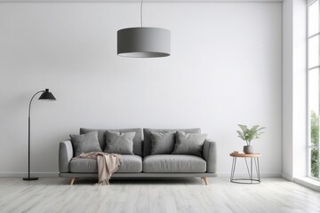 Minimalist Living Room with Grey Sofa and Pendant Lamp