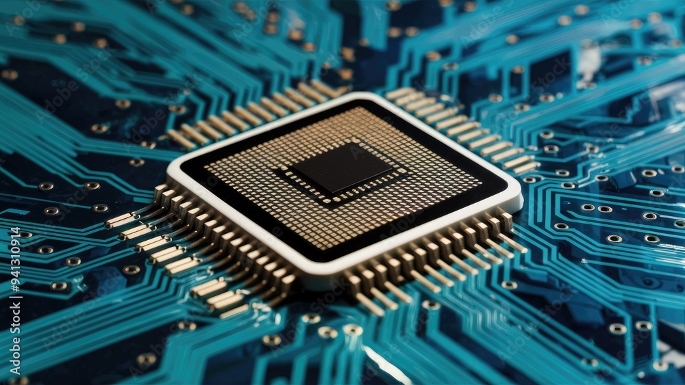Poster abstract technology background featuring electronic integrated circuit and computer chip on circuit 
