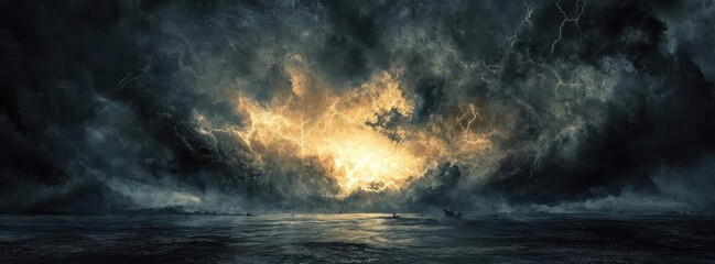 A dramatic sky with dark clouds and a glowing center, illuminating a peaceful sea, perfect for mood and atmosphere.