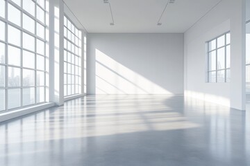 A bright empty office hall looks out over skyscrapers with a panoramic window