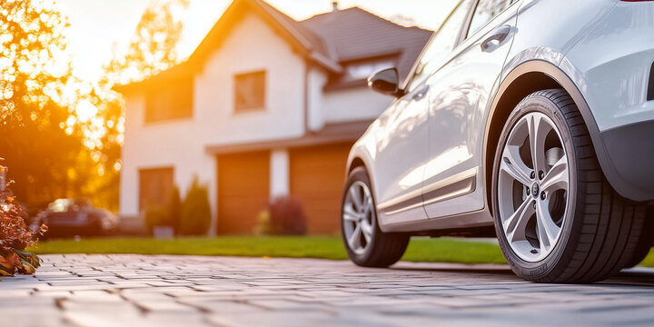 Auto steht in der Einfahrt eines Hauses