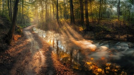 Obraz premium A serene forest path by a flowing stream, illuminated by soft sunlight filtering through the trees, showcasing nature's beauty.
