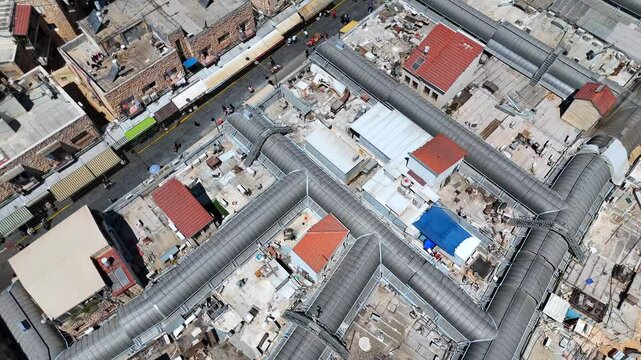 Jerusalems Mahane Yehuda market houses rooftops, Aerial view