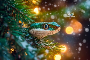Fototapeta premium A coiled snake on a tree branch with festive lights and snowflakes, a symbol of the new year 2025 in a winter wonderland