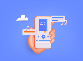 Smartphone screen with audio book app open. Distance education e-learning, podcast, webinar, tutorial. 3D Web Vector Illustrations.