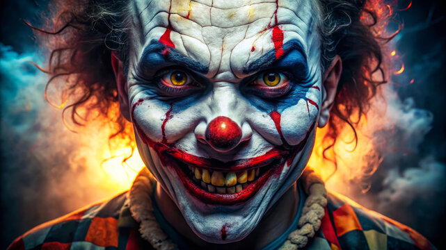 Evil Clown With Yellow Eyes In Smoke And Fire.