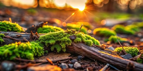 Obraz premium Earthy abstract textures blending vibrant green moss, weathered wood fragments, and moist brown soil, evoking whimsical revitalization, in warm golden light