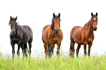 Obraz premium Three horses grazing together in a green meadow